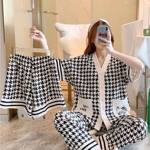 100 Cotton Pajamas 3 Piece Set Women Houndstooth Short  Sleeve Pant Shorts